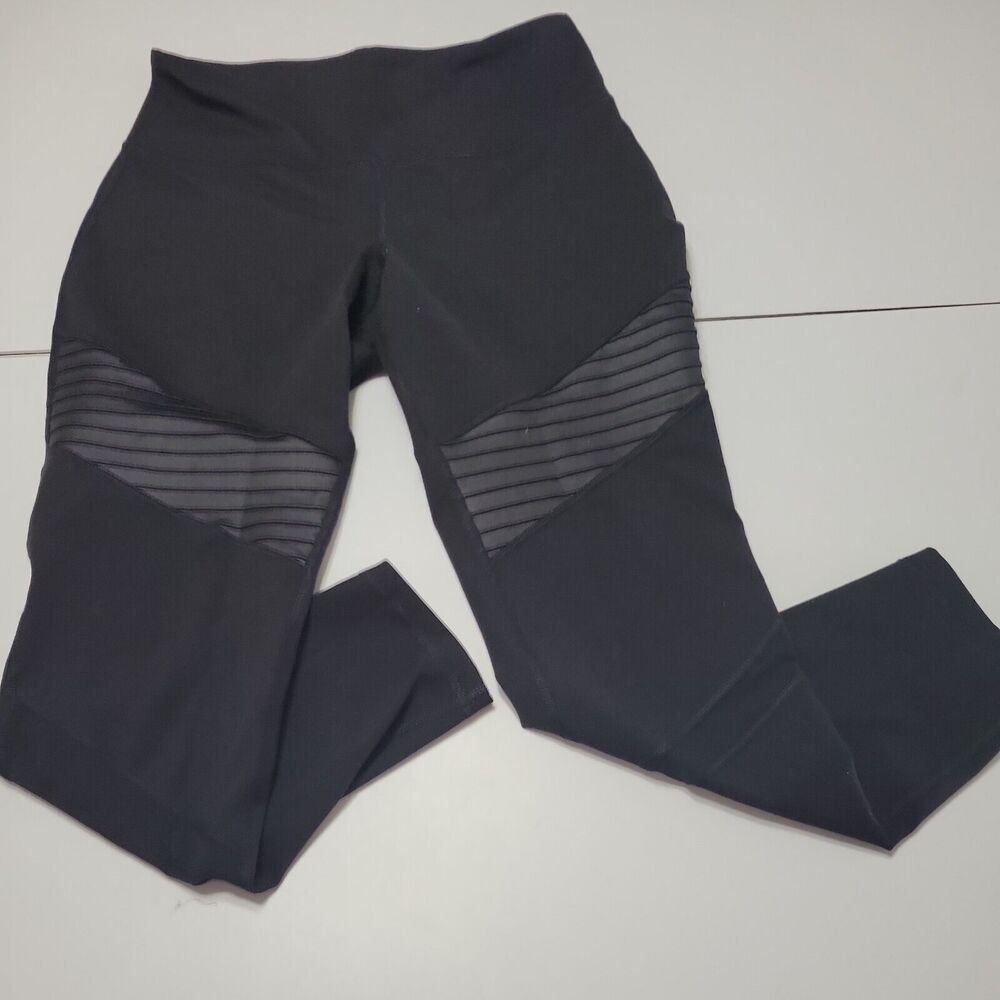 Old Navy Women L Leggings Black Vegan Leather Accent Stretch Control Top Pull On